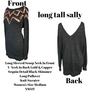long tall sally Scoop Neck W Back V-Neck Sequins Black Long Sweater Women M NWOT